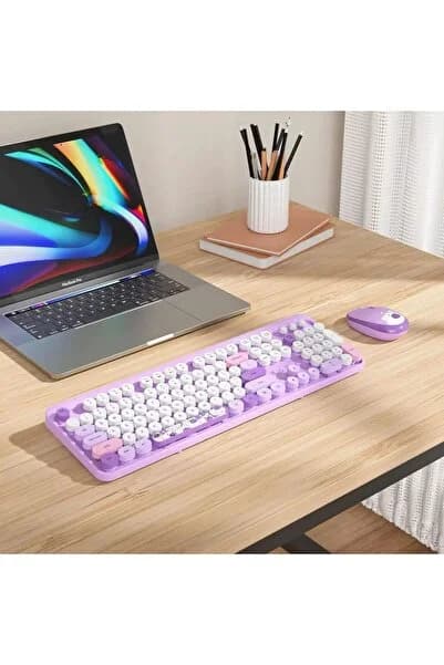 Renkli Daktilo Tarzı Hello Bear Vintage Mekanik Klavye Mouse PC Laptop Uyumlu Kablosuz