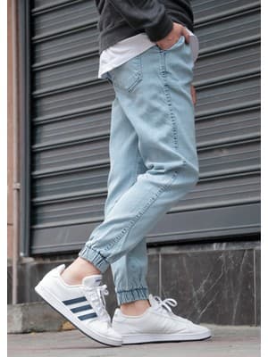 Greenpoll Erkek Buz Mavi Jogger Kot Pantolon - Lastikli Bel ve Paça, Yıkamalı Denim