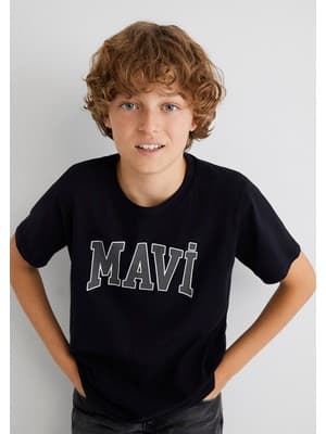 Mavi Logo Baskılı Siyah Tişört