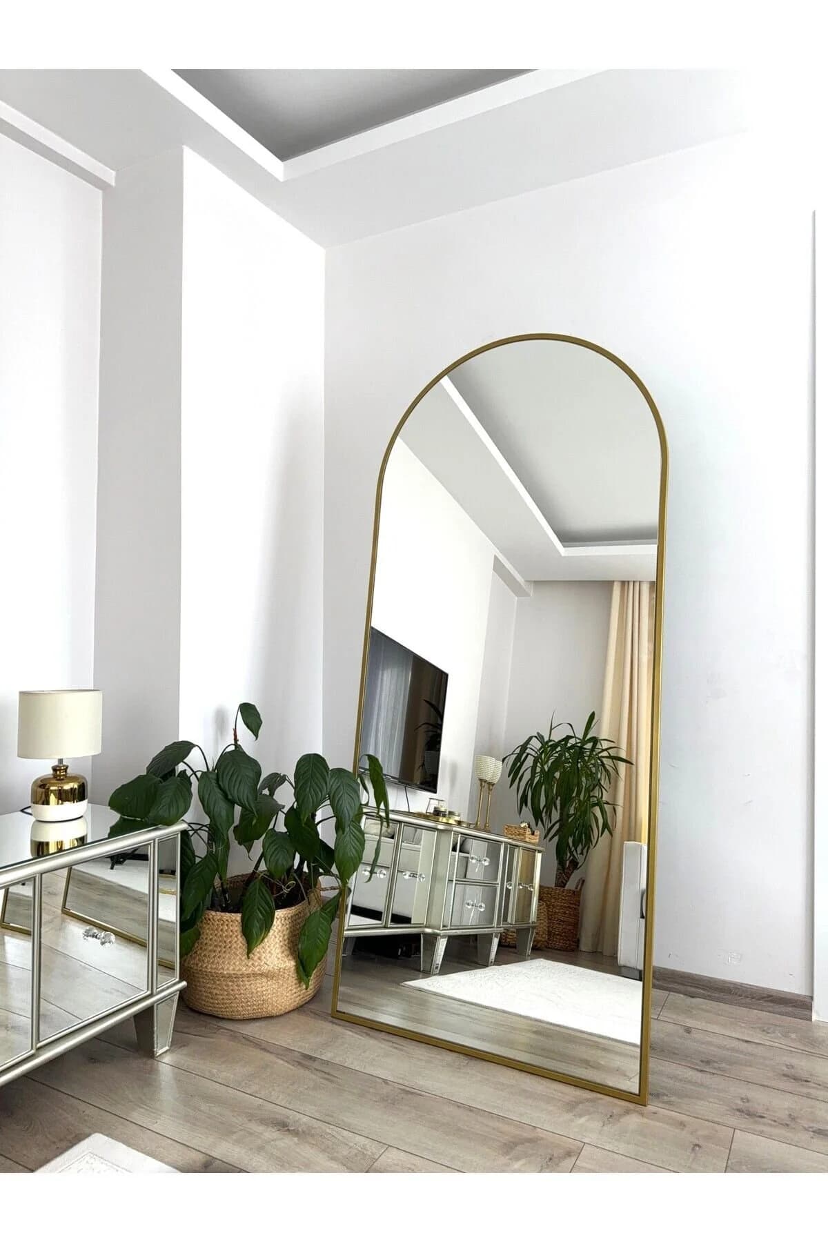EFFE YAPI DEKOR Gold Metal Çerçeveli 180x80 Cm Demonte Ayaklı Oval Boy Aynası