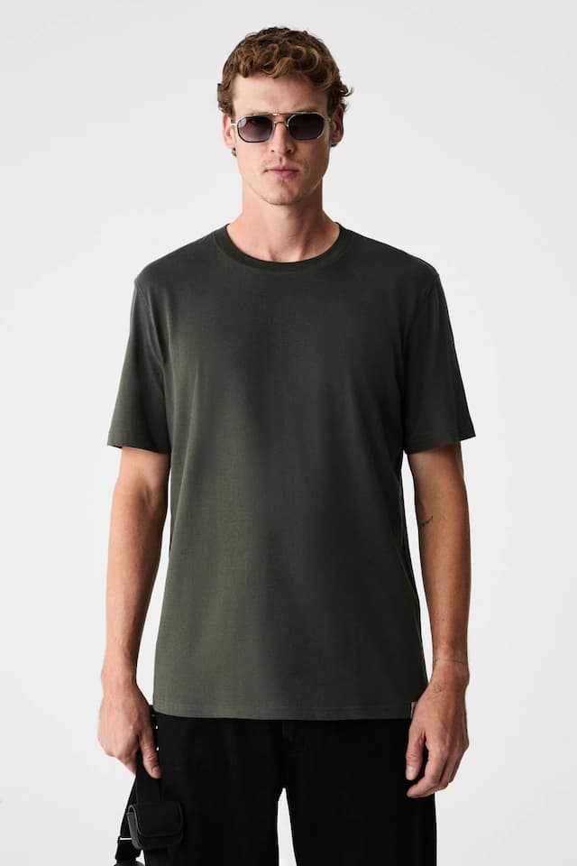 Grimelange Rudy Erkek %100 Organik Pamuk Nefes Alan İç Göstermeyen Bisiklet Yaka Basic Haki T-shirt Haki
