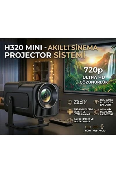 KAZEMTECH Hy320 Mini Taşınabilir Projeksiyon Cihazı Ultra Hd Android Sistemli Ev Projektörü Wifi / Bt / HDMI