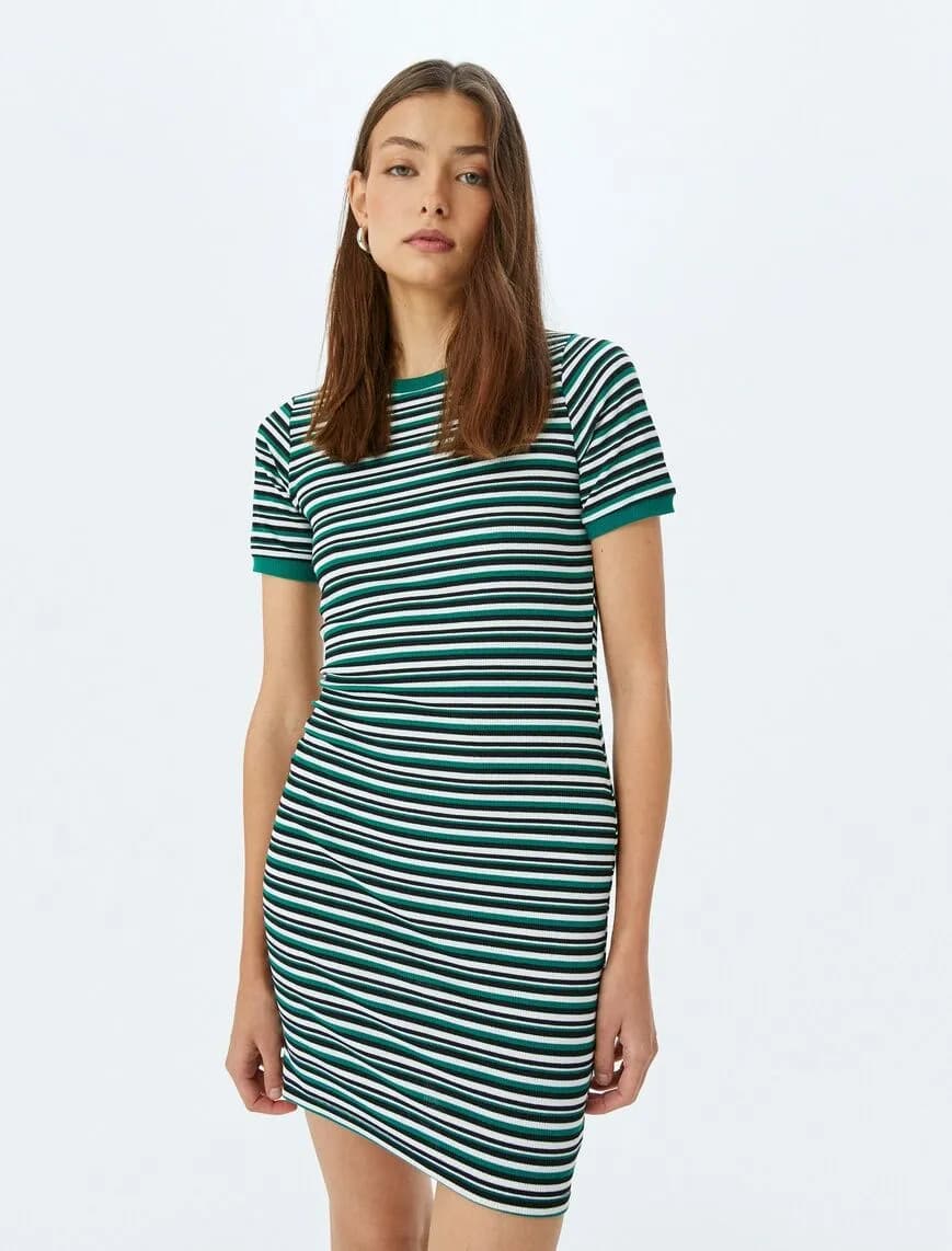Bisiklet Yaka Kısa Kollu Fitilli Mini Bodycon Elbise