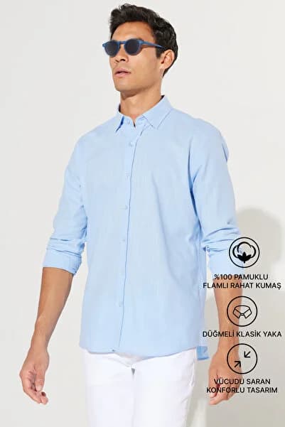 Men's Blue 100% Cotton Oxford Slim Fit Buttoned Collar Flared Shirt