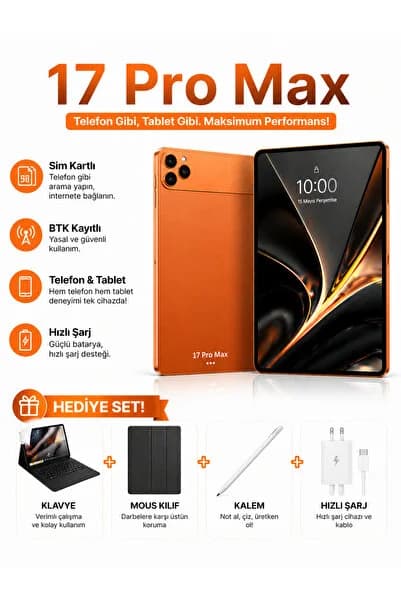 asfteknoloji 17 Pro Max Tablet Sim Kartlı BTK Kayıtlı | Klavye Mouse Kalem Kılıf Hediyeli | Hızlı Şarj |