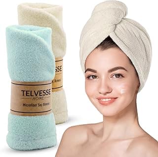 Mikrofiber Saç Havlusu Süper Emici Hızlı Kuruyan Türban Saç Havlusu Şapkası – Uzun Kıvırcık Kalın Saçlar İçin Duş Saç Kurutma Havlusu, Plaj Havuz Banyo Kullanım (2li Krem + Turkuaz)