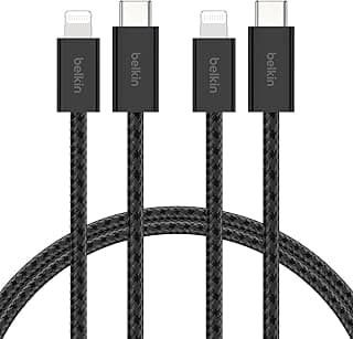 Belkin 2'li Örgülü USB-C - Lightning Kablo, 1,5 m, iPhone 14 ve önceki modeller, 9. Nesil iPad ve AirPods için hızlı şarj kablosu, Siyah