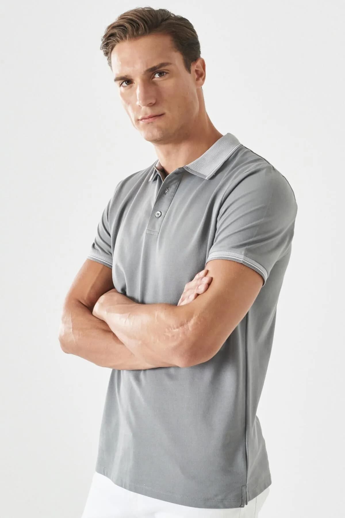 Çekmeyen Pamuklu Kumas Slim Fit Dar Kesim Gri Kivrilmaz Polo Yaka T-shirt