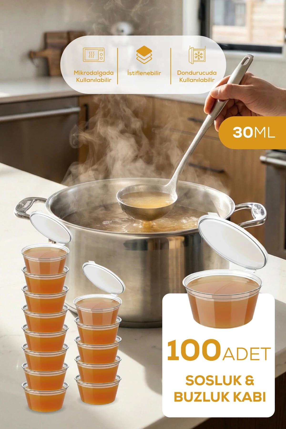 Vienev 100'lü Dondurucuya Uygun Saklama Kabı – 30 ml İlik, Tavuk Suyu, Sos ve İlaç Saklama Kabı