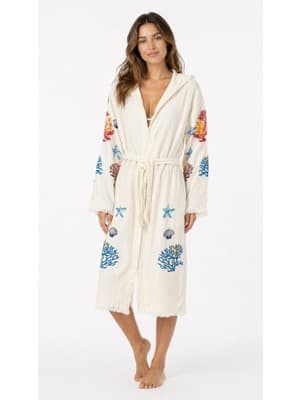 Mulberry Kadın Müslin Plaj Kimonosu Kapüşonlu %100 Pamuk Baskılı Yazlık Kimono Bornoz