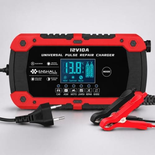 Enshall 12V 10A Akıllı Hızlı Akü Şarj Cihazı - LiFePO4, Jel, AGM ve Kurşun Asit Akü Şarjör ve Onarım Cihazı (Araba, Kamyon, Motosiklet, Tekne)