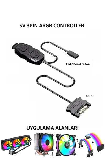 Archon ARGB Kontrolcü Kumanda 5v 3Pin SATA Dönüştürücü ARGB Denetleyici Kablo + Reset Bağlantılı