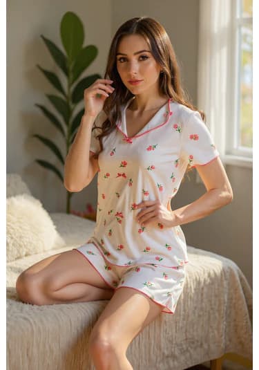 Bella Notte Ekru Çiçek Baskılı Pamuklu Şortlu Pijama Takımı