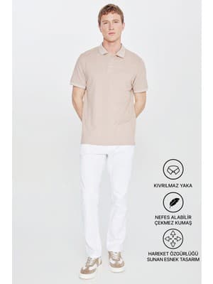 Altınyıldız Classics Erkek Çekmeyen Pamuklu Kumaş Comfort Fit Rahat Kesim Bej-beyaz Kıvrılmaz Polo Yaka Cepli Tişört