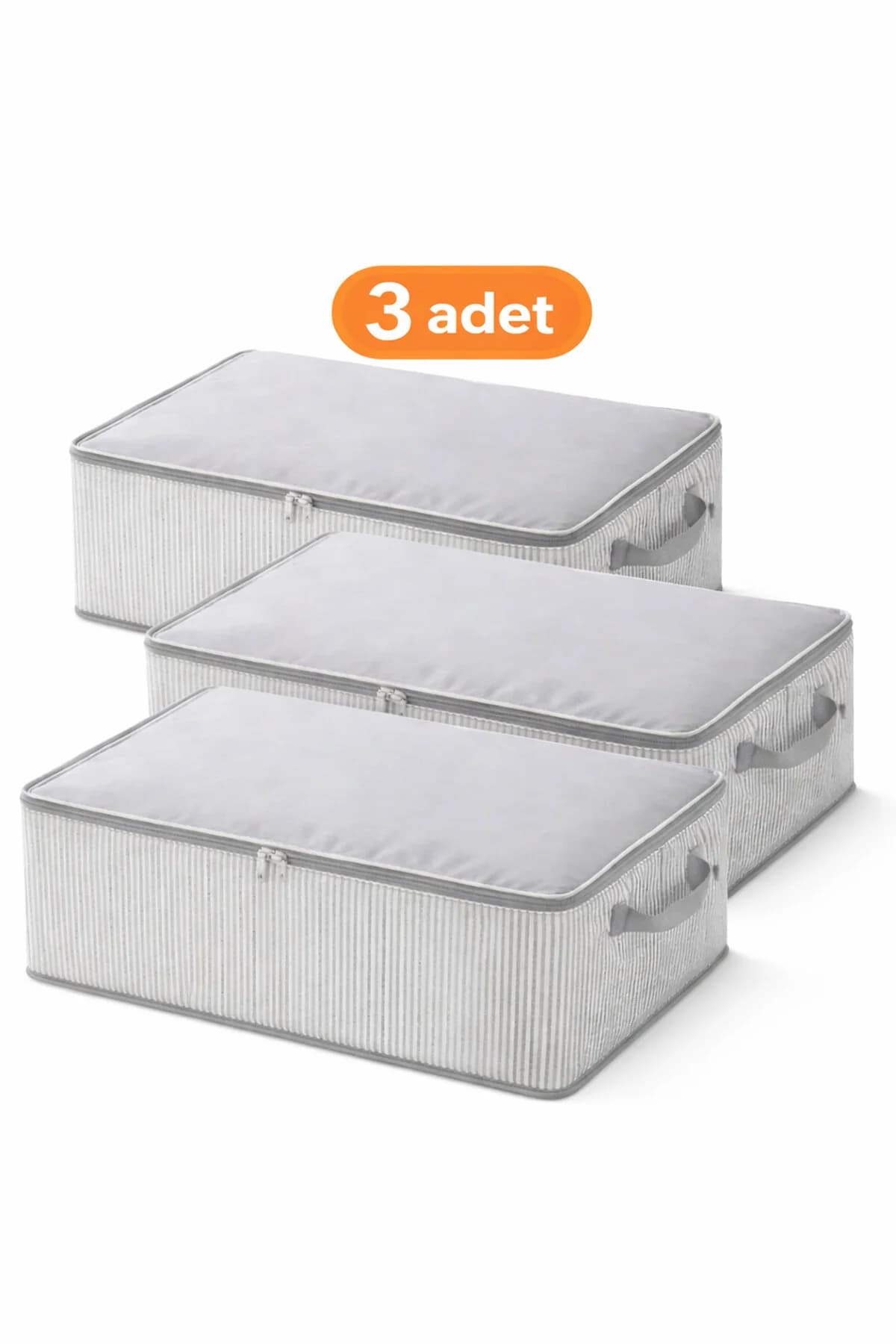 EVELLA HOME 3’lü Çizgili Baza Altı Hurcu 65x45x22 cm Yer Kaplamayan Fermuarlı Saklama Düzenleyici Seti