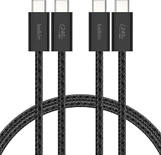 Belkin 2'li Örgülü USB-C - USB-C Kablo, 1,5 m, 240 W, Yumuşak, Esnek ve Hızlı Şarj Kablosu, iPhone 17 ve 16 Serisi, Galaxy S25, Pixel 10, iPad Pro ve Daha Fazlasıyla Uyumlu, Siyah