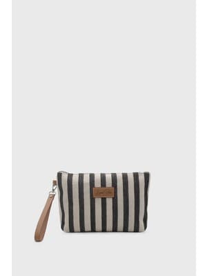 Lunablu Kadın Siyah Çizgili Keten Clutch Çanta