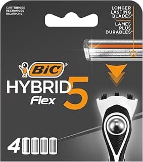 BIC Hybrid 5 Flex 4'lü Yedek Tıraş Bıçağı Kartuşu (5 Bıçak), 5 Nano Teknolojik Titanyum Bıçak, E Vitamini ile Zenginleştirilmiş Geniş Kayganlaştırıcı Bant