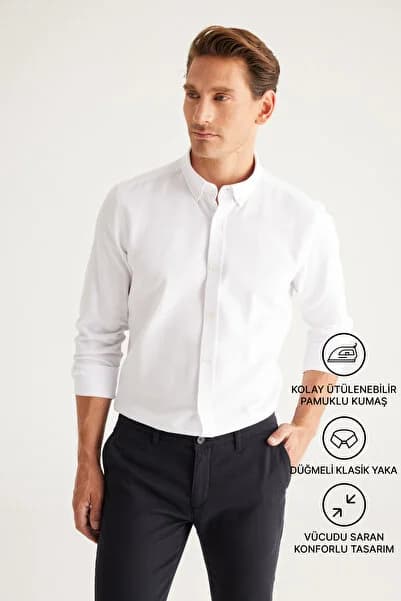 Men's Oxford Easy-Iron Cotton Anti-Sweat Shirt White Button-Down Collar Slim Fit Slim Fit