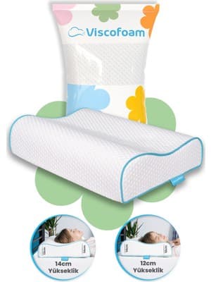 Viscofoam Yüksek Boyun Destekli Ortopedik Yastık Çift Boyun Destekli Visco Yastık - 60x40x14-12cm