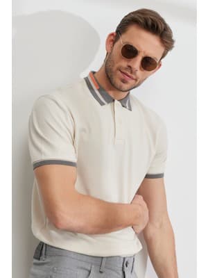 Altınyıldız Classics Erkek Bej Slim Fit Dar Kesim %100 Pamuk Kıvrılmaz Polo Yaka Tişört