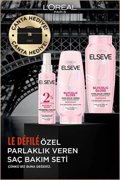 Elseve Glycolic Gloss Parlak Veren Saç Bakım Rutini Seti: Şampuan, Saç Kremi, Bakım Spreyi