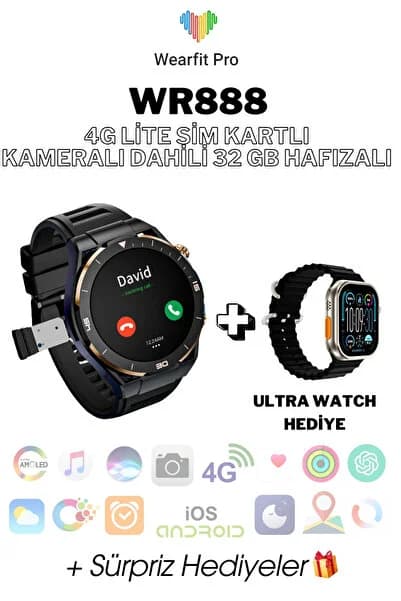 Wearfit Pro WR888 4G Lite Sim Kartlı Kameralı 32gb AI Destekli NFC GPS 39mm Yuvarlak Akıllı Saat + Ultra Watch