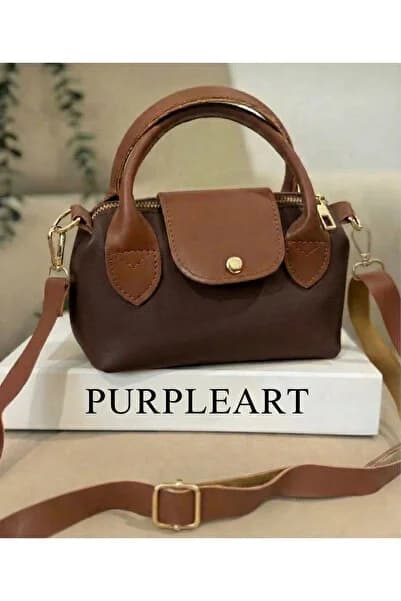 PurpleART Kadın Kahve ve Taba Detaylı Çift Renkli Minimal Omuz ve Çapraz Çanta - Ton Sür Ton Şıklık