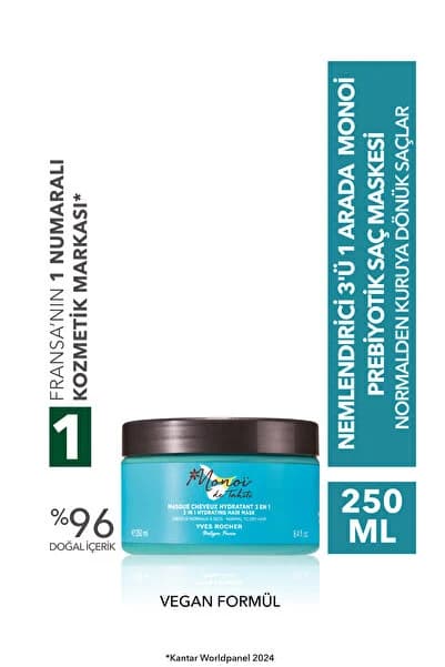 Nemlendirici 3'ü 1 Arada Prebiyotik Saç Maskesi-Normal ve Kuru Saçlar/Monoi de Tahiti-Vegan-250ml