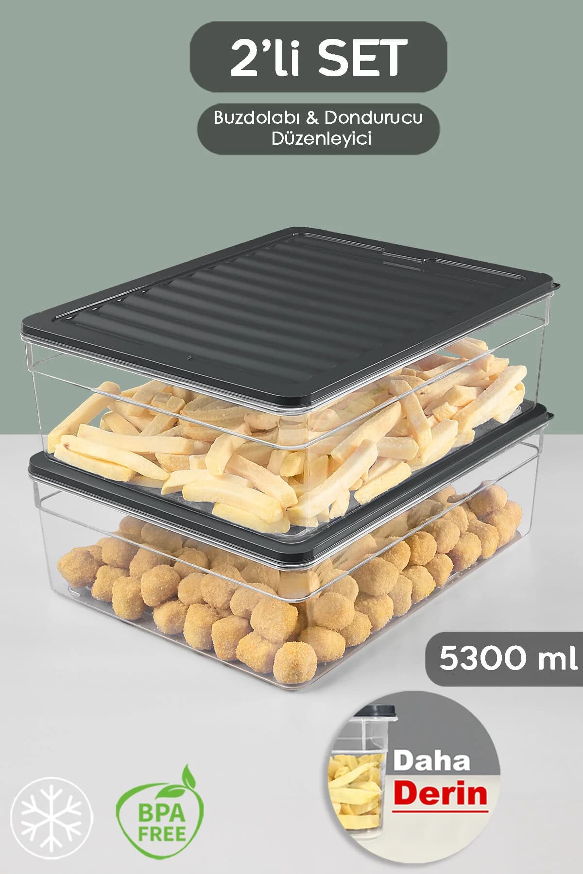 Meleni Home 2'li Derin Buzdolabı Organizer Set Düzenleyici Saklama Kabı Mikrodalga Difriz Kabı 5300ml Antrasit