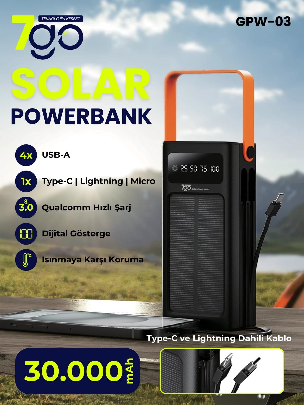 7Go GPW-03 30.000mAh Solar Powerbank – 4xUSB-A, Qualcomm 3.0 Hızlı Şarj, Dahili Lightning & USB-C Ka