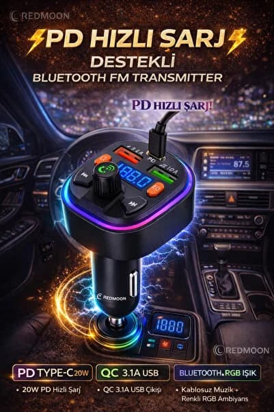 REDMOON RM-738 RGB IŞIKLI BLUETOOTH MP3 ÇALAR ARAÇ CİHAZI FM TRANSMİTTER ARAÇ KİT CİHAZI