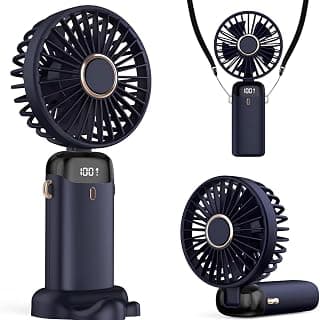 Şarjlı El Vantilatörü - LED Dijital Ekranlı 5 Kademe Rüzgar Hızlı Mini Masaüstü Fan, Boyun Askılı Katlanabilir Şarj edilebilir Taşınabilir Vantilatör, Telefon Standlı Type-C Şarjlı Soğutucu Fan