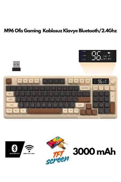 ATAsoft Freewolf M96 Bluetooth/2.4g Kablosuz Klavye Işıklı Usb Type-c Kablolu Şarj Gösterge Panelli Klavye