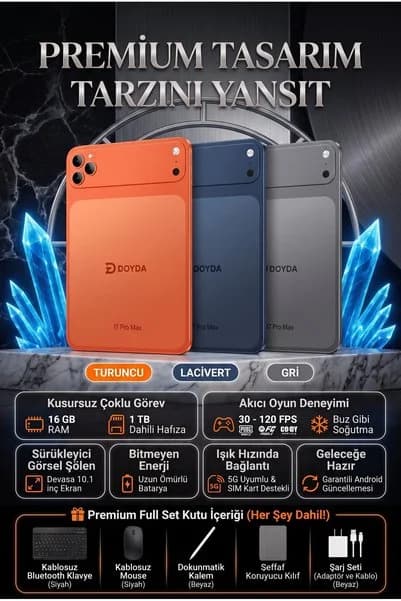 DOYDA 17 Pro Max Tablet - 16GB RAM 1TB Hafıza | Şarj Aleti Klavye Mouse Kalem Kılıf Full Set