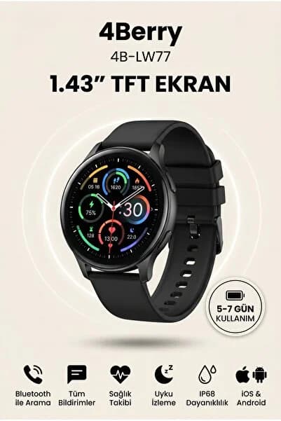4 Berry 4B-LW77 Akıllı Saat Siyah Yuvarlak Ekran Bluetooth Arama Özellikli IP68 Suya Dayanıklı Spor Modlu Smart Watch