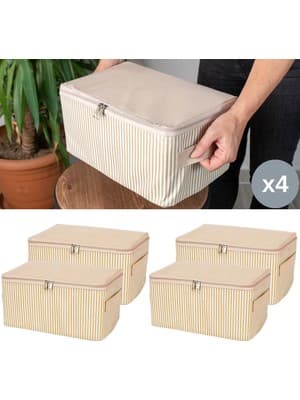 Nacarev 4 Adet Küçük Boy Çizgi Desen Baskılı Krem Baza Altı Dolap içi Düzenleyici Hurç Seti 30x20x15 cm