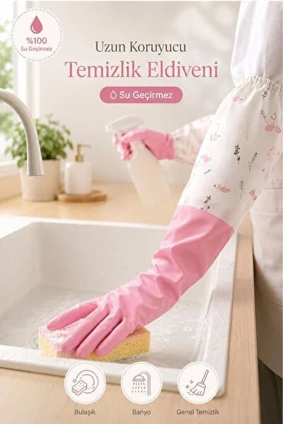 Lateks Uzun Eldiven – Ev, Bulaşık, Banyo Temizliği İçin Su Geçirmez Bulaşık Eldiveni Temizlik